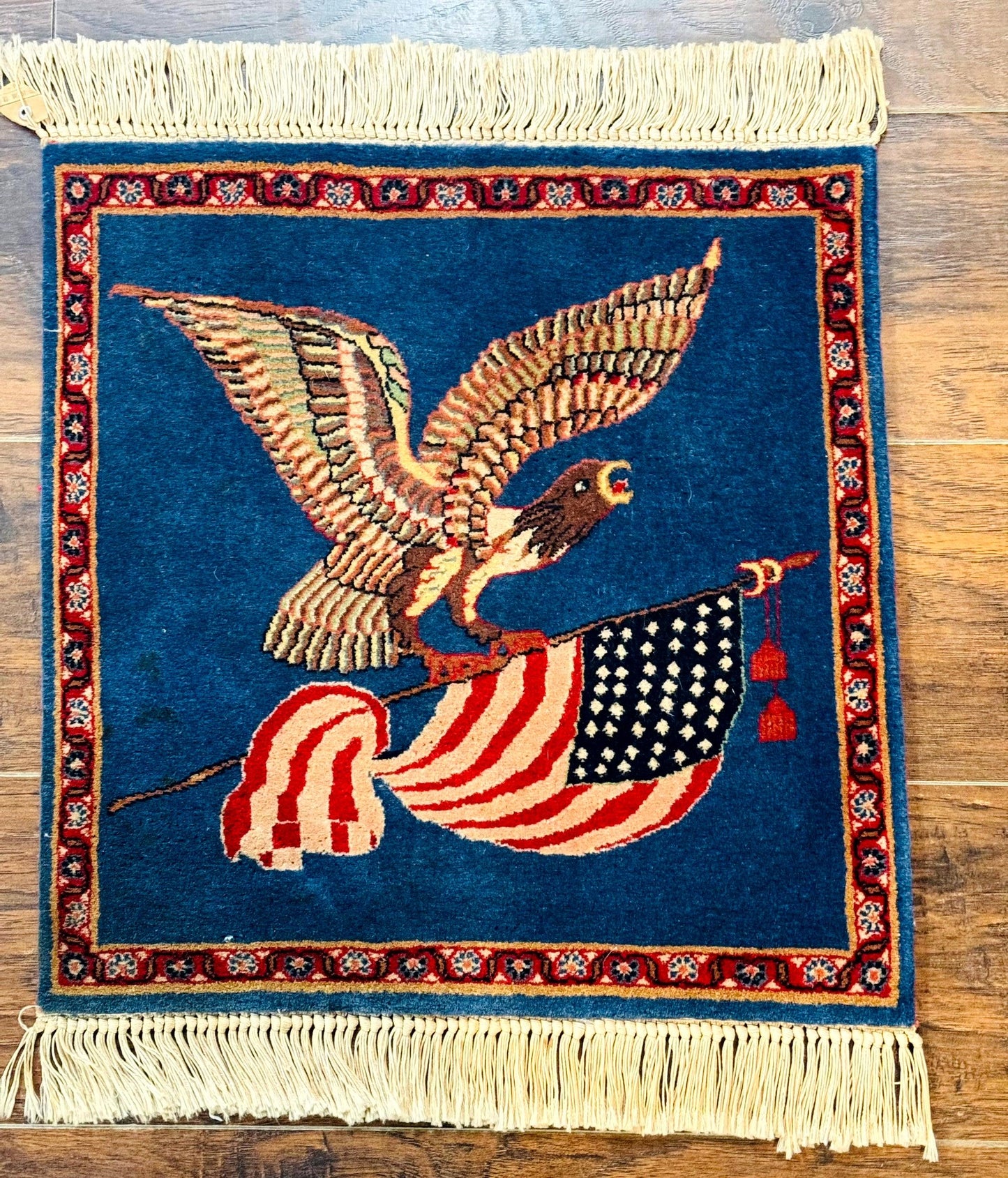 Pictorial Rug of American Flag with Bald Eagle, Small Indo Persian Pictorial Rug, Blue, Handmade, Very Fine 330 KPSI - Nuvé