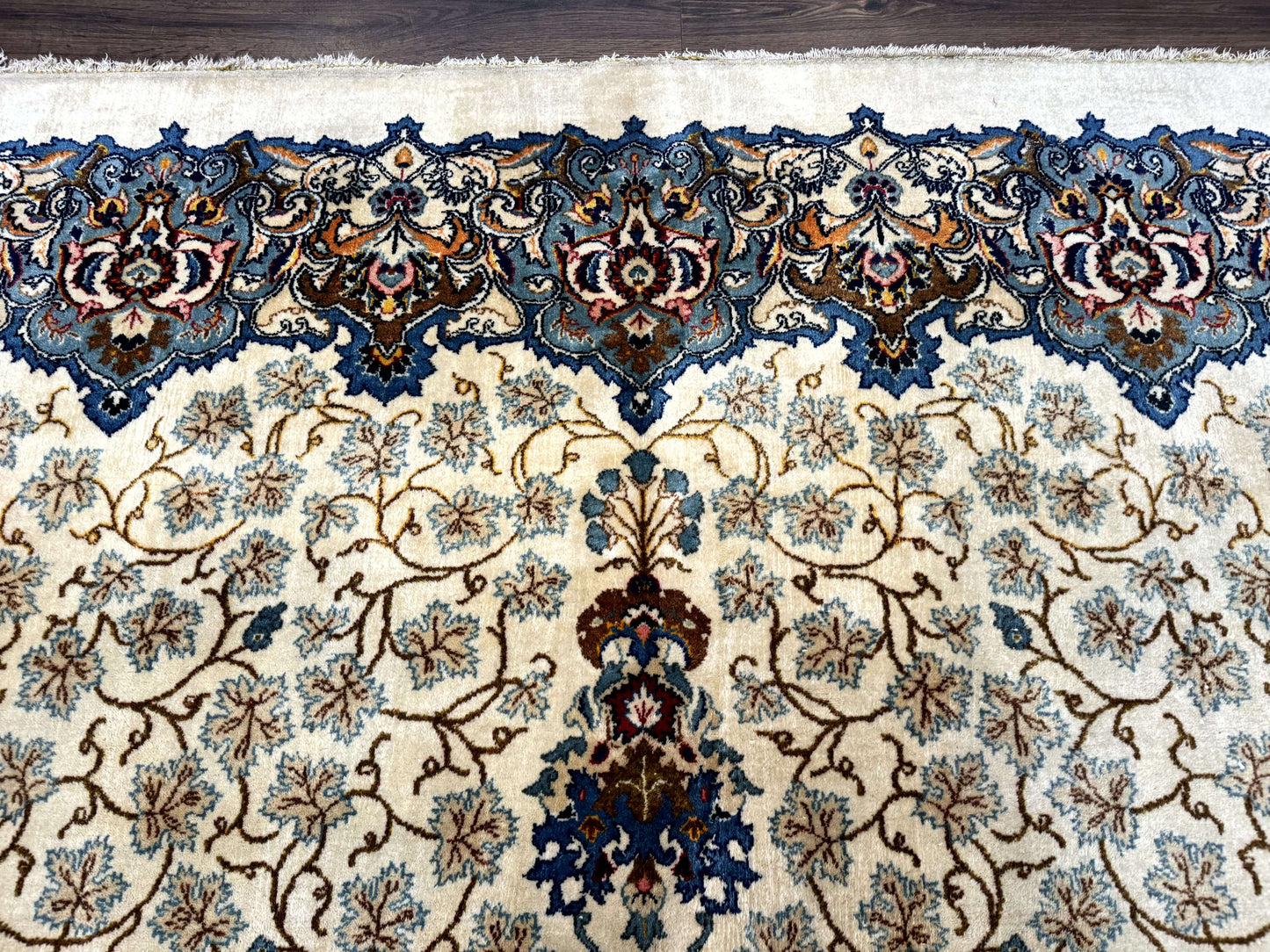 Persian Kashan Rug 9 x 12.6, Ivory and Blue, Floral Medallion, Wool Hand Knotted Semi Antique Carpet - Nuvé