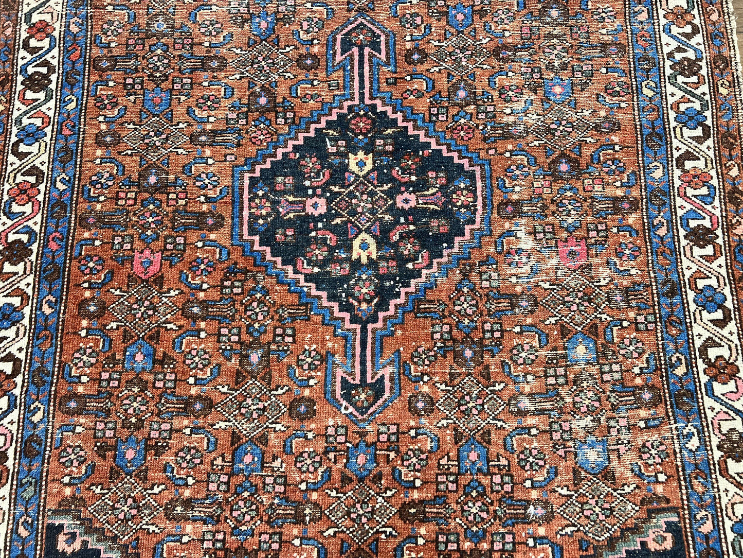 Red Persian Hamadan Rug 4x6, Wool Handmade Antique Carpet, Geometric Medallion Rug, Oriental Rug 4 x 6, Persian Tribal Rug, Hand Knotted Rug - Nuvé