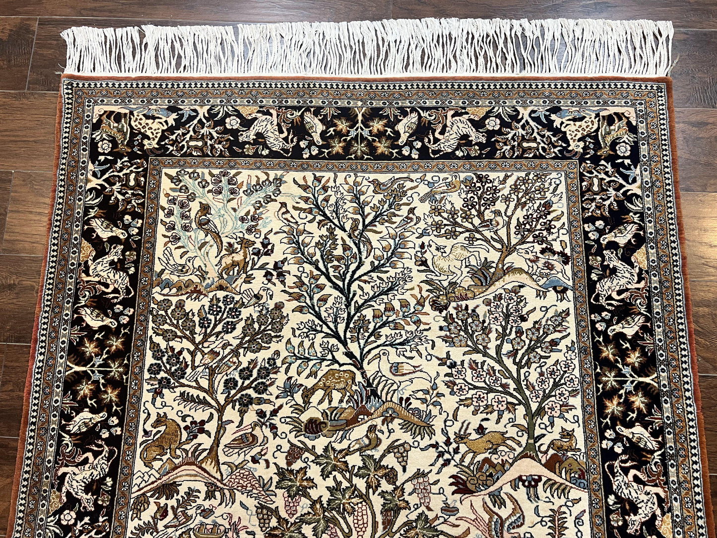 Persian Qum Tree of Life Rug 5x7, Wool and Silk Highlights, Animal Motifs, Vintage Hand Knotted Handmade Cream & Black Fine Oriental Carpet - Nuvé