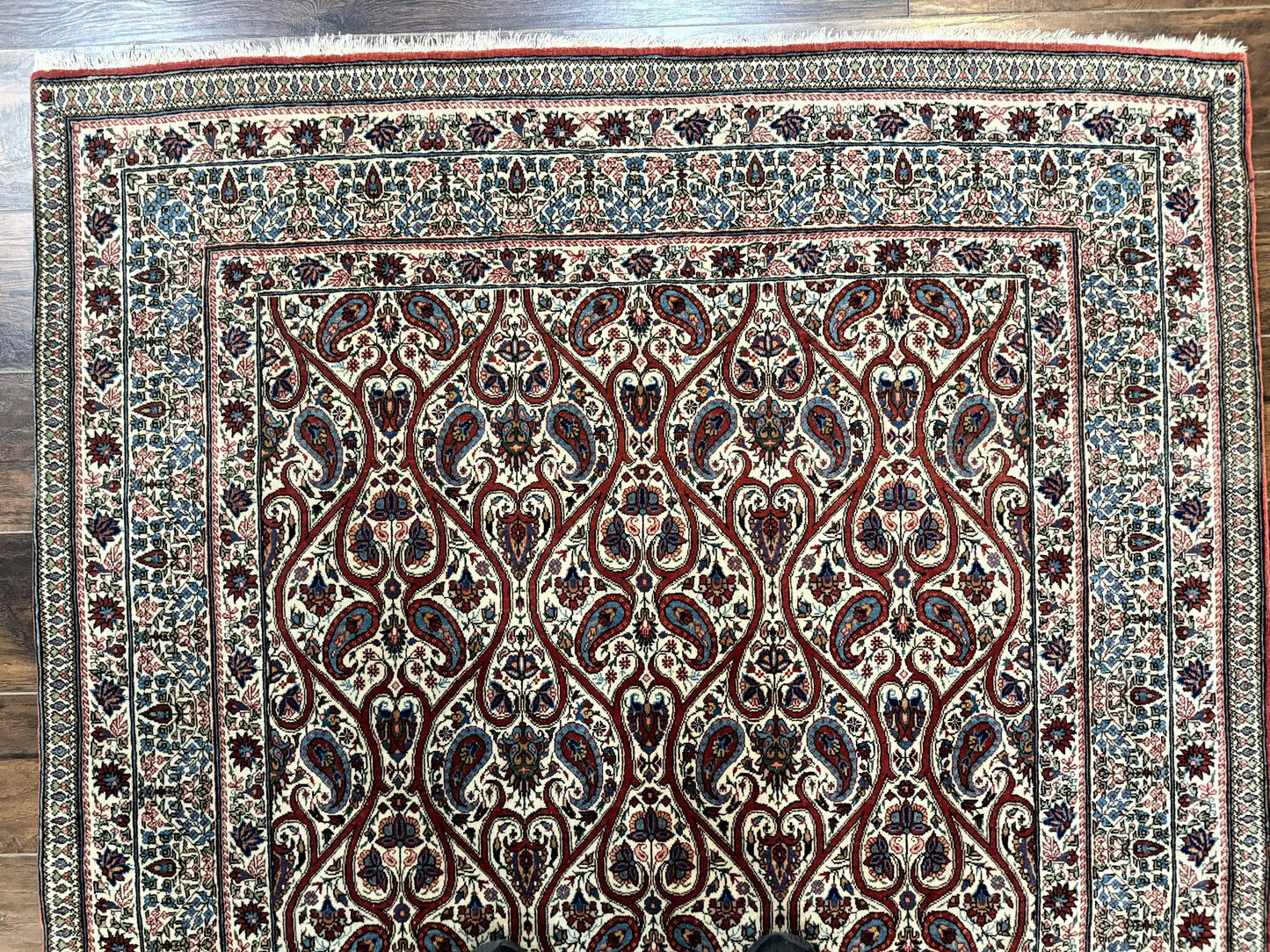 Unique Persian Qum Rug 5x7, Repeated Paisely Boteh Design, Ivory Red Blue, Handmade Antique Wool Persian Carpet, Finely Hand Knotted - Nuvé