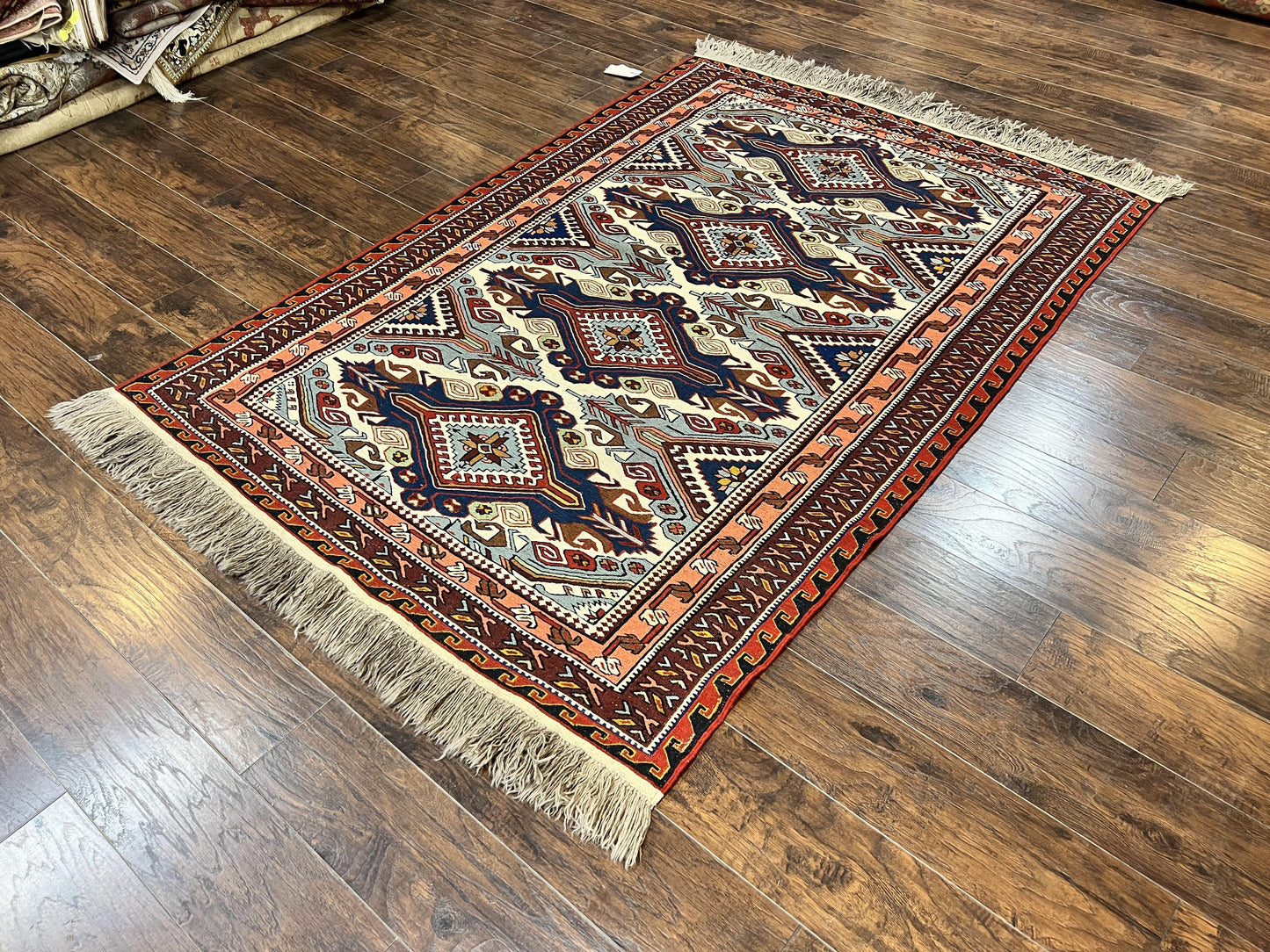 Russian Soumak Rug 6x8, Wool Handmade Antique Kilim Carpet, Multicolor 6 x 8 Geometric Medallions Caucasian Rug, Medium Size - Nuvé