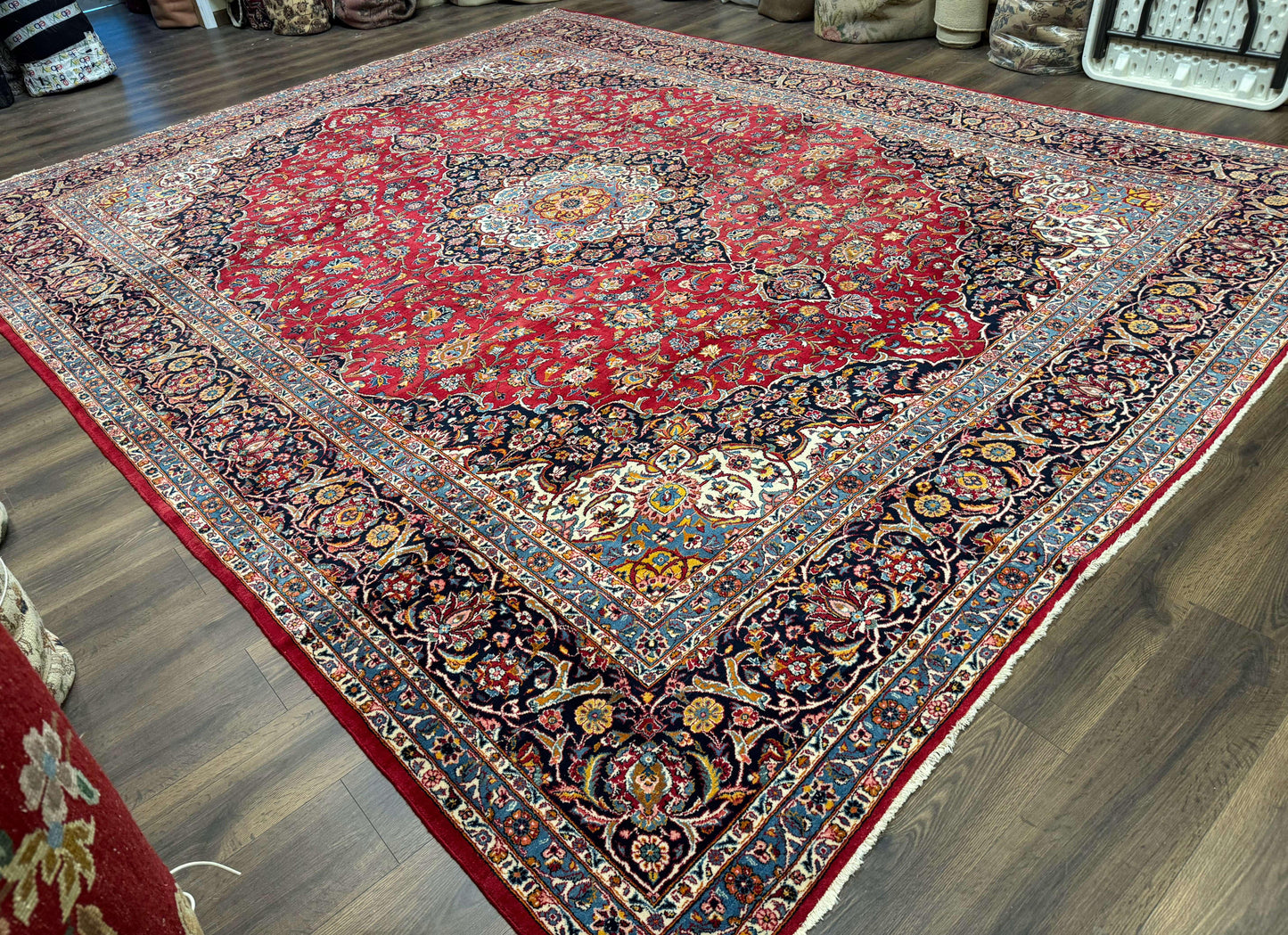 Large Persian Kashan Rug 11x14, Traditional Persian Carpet, Wool, Fine 250 KPSI, Red Navy Blue - Nuvé