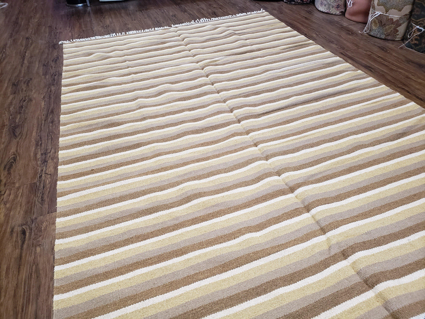 Indian Striped Blanket 6x9, Large Indo Kilim Area Rug, Earthern Tones Woolen Hand-Woven Flatweave South American Style Queen Size Bedspread - Nuvé