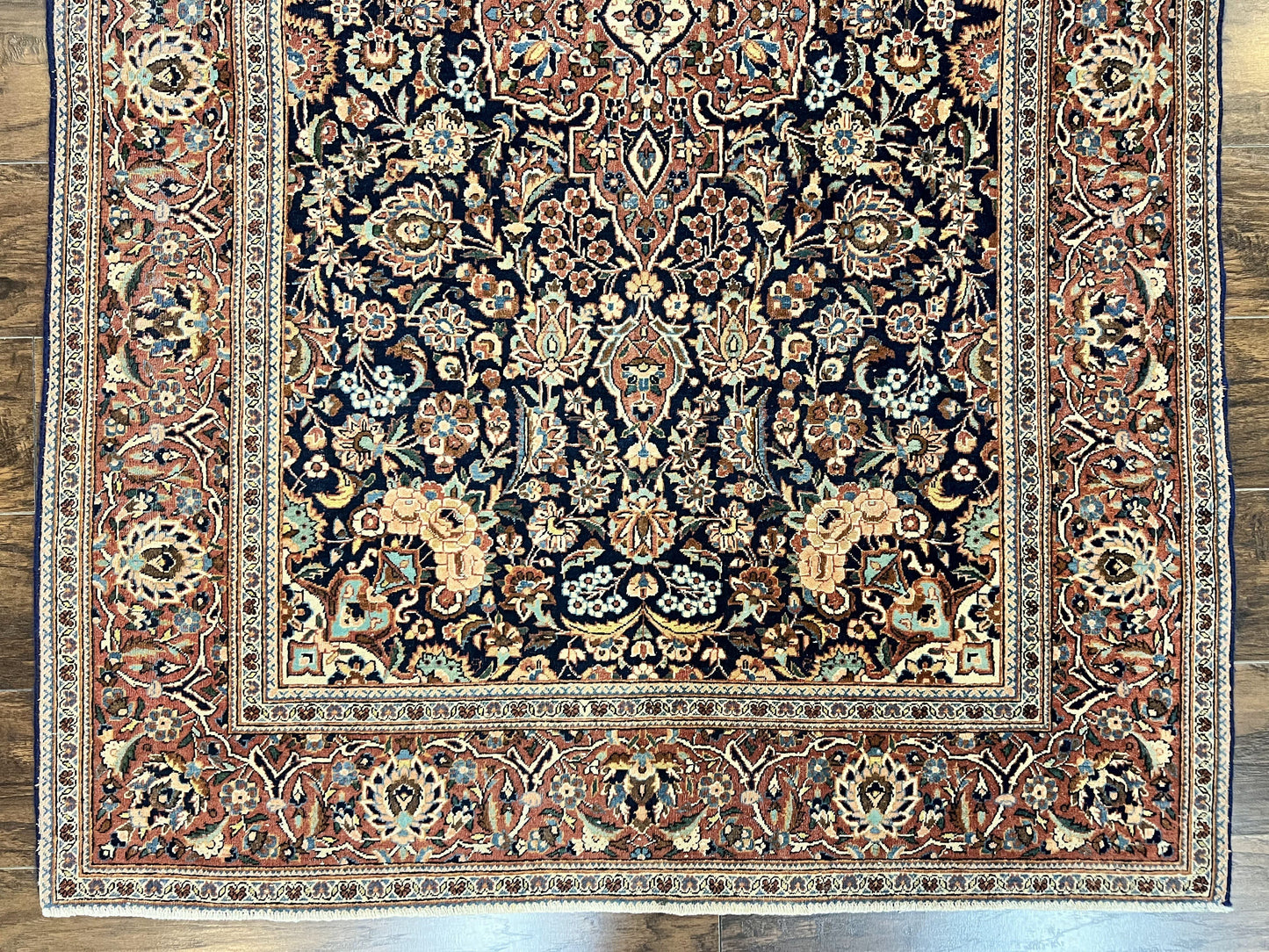 Persian Kashan Rug 4x7, Floral Medallion Vintage Handmade Hand Knotted Navy Blue & Red Wool Oriental Carpet, Highly Detailed Semi Antique Rug - Nuvé
