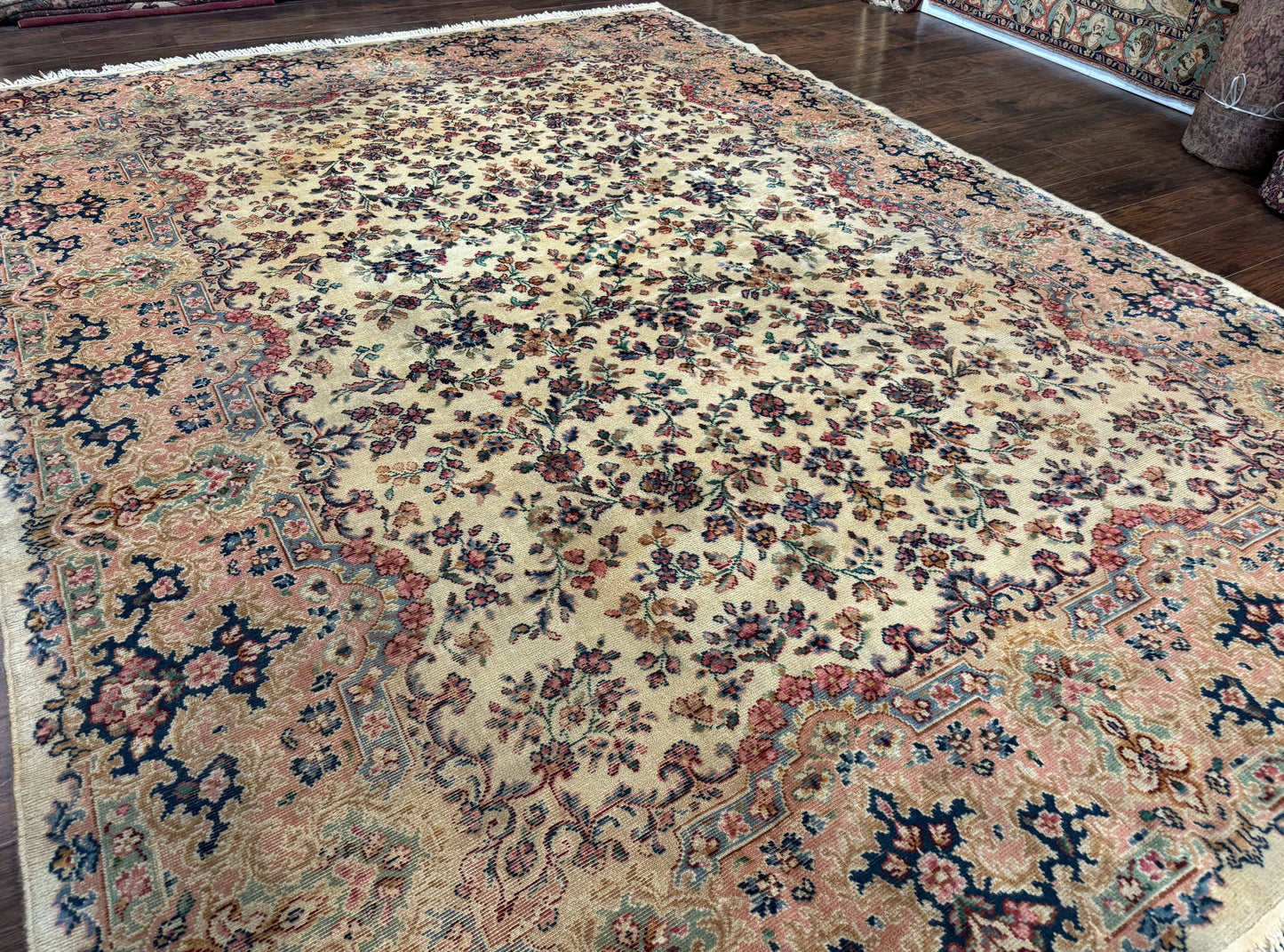 Antique Karastan Rug 8.8 x 12 Lanamar Floral Ivory Kirman Wool Discontinued - Nuvé