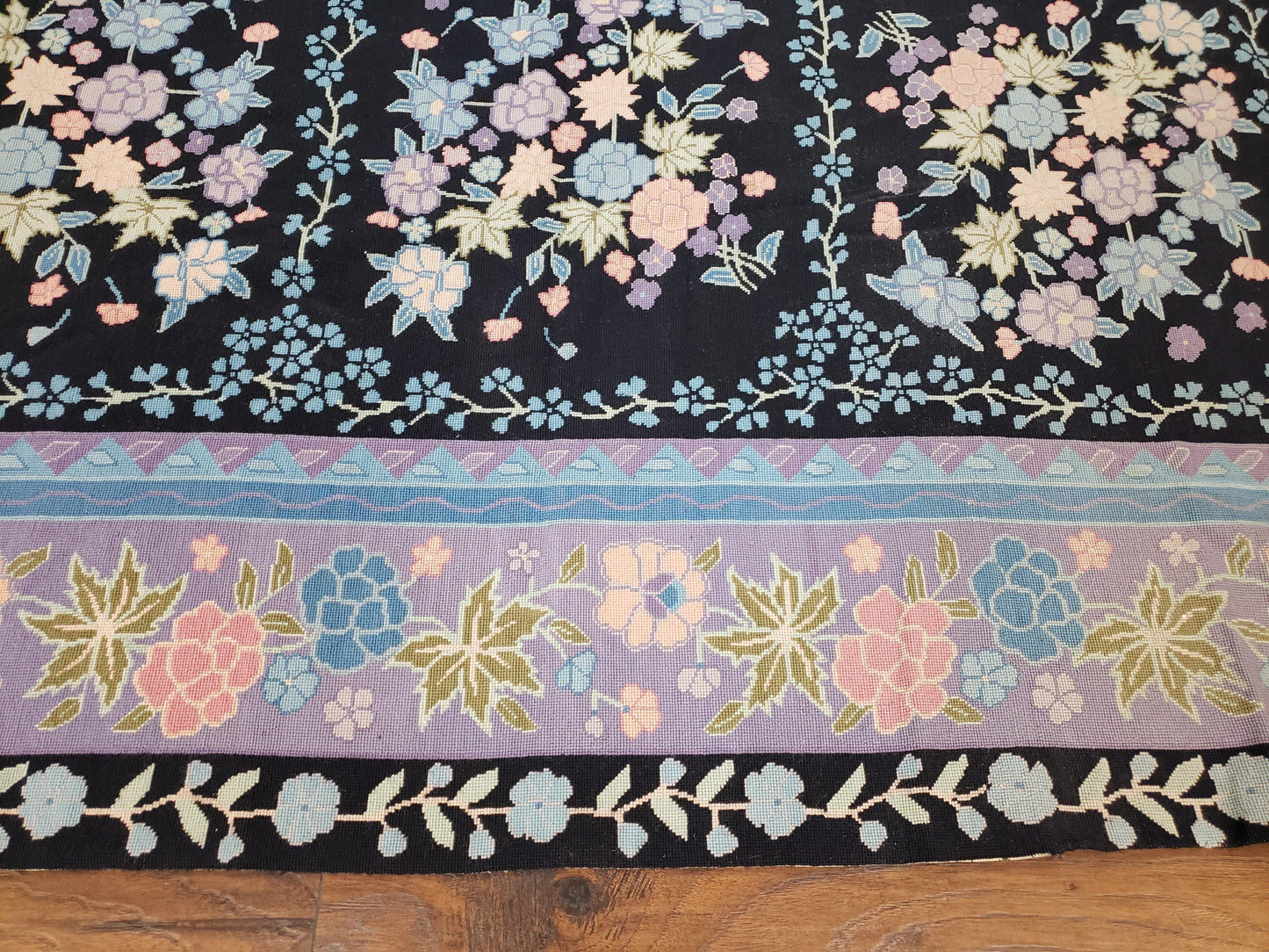 Chinese Needlepoint Rug 8 x 11.4, Hand-Woven Area Carpet, Flatweave Rug, Black Blue Light Violet Floral Garden European Design Wool Aubusson - Nuvé