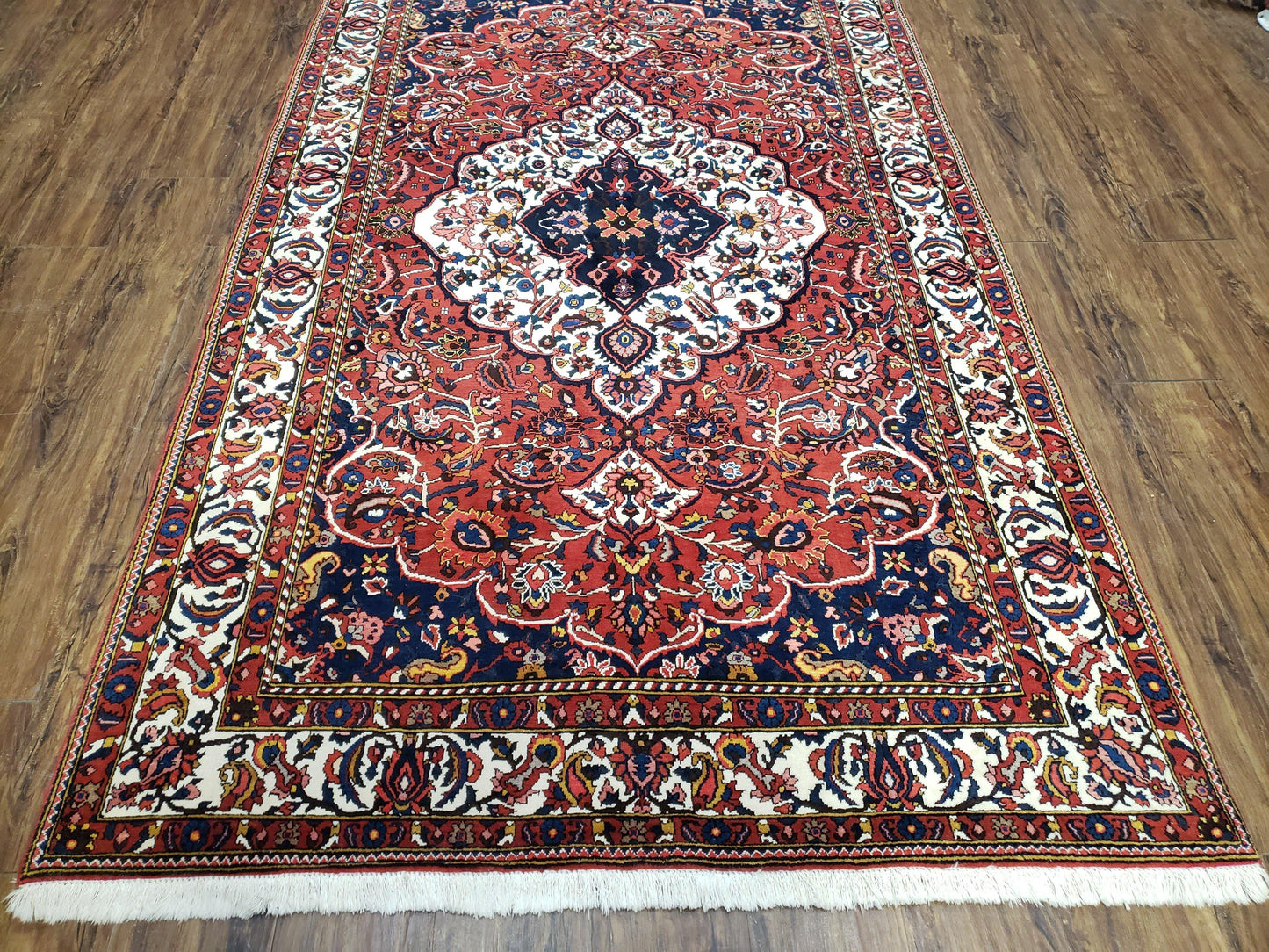 Semi Antique Persian Bakhtiari Rug, Hand-Knotted, Wool, Red, Midnight Blue, Ivory, Floral Medallion, 5'1" x 8' 6" - Nuvé