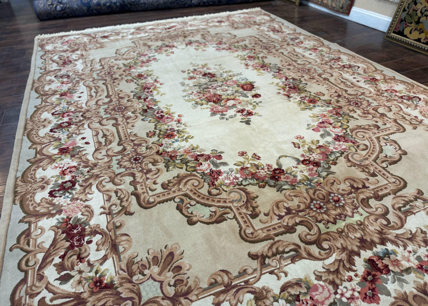 Aubusson Rug 8x12, European French Savonnerie Design, Thick Wool Pile, Elegant Rug, Cream Beige Light Green - Nuvé