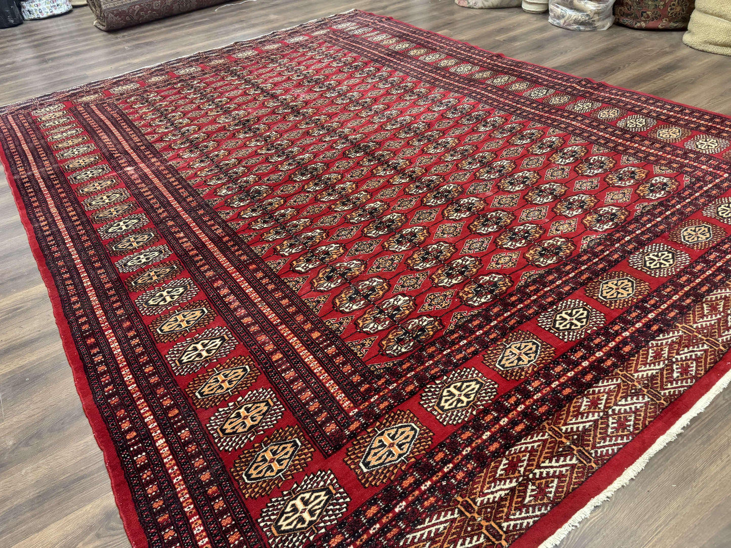 Bokhara Rug 9x12, Red Turkoman Rug, Pakistani Rug, Tribal Carpet, Wool Rug, Red Rug - Nuvé
