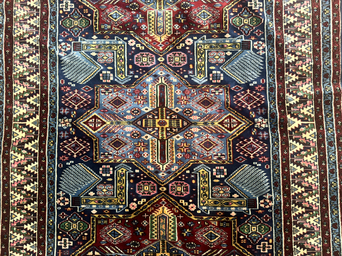 Indian Rug with Caucasian Design, 4x6 Geometric Carpet, Navy Blue and Cream - Nuvé