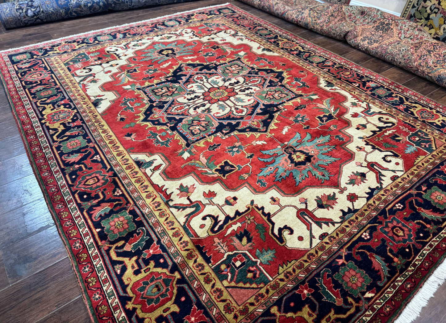 Persian Heriz Serapi Rug 8 x 10.6, Geometric Medallion, Great Colors, Rare, Red Navy Blue Ivory - Nuvé