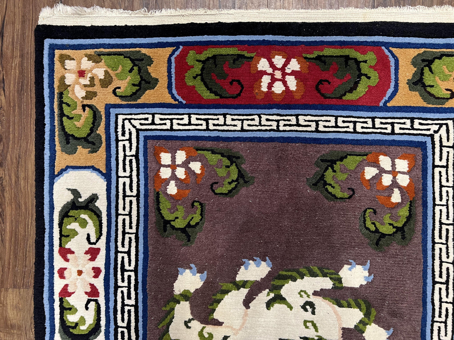 Chinese Art Deco Rug 3 x 5.5 with Animal Pictorials, Vintage Chinese Peking Wool Area Rug, Dark Puce Maroon Ivory, Hand Knotted Soft Carpet - Nuvé