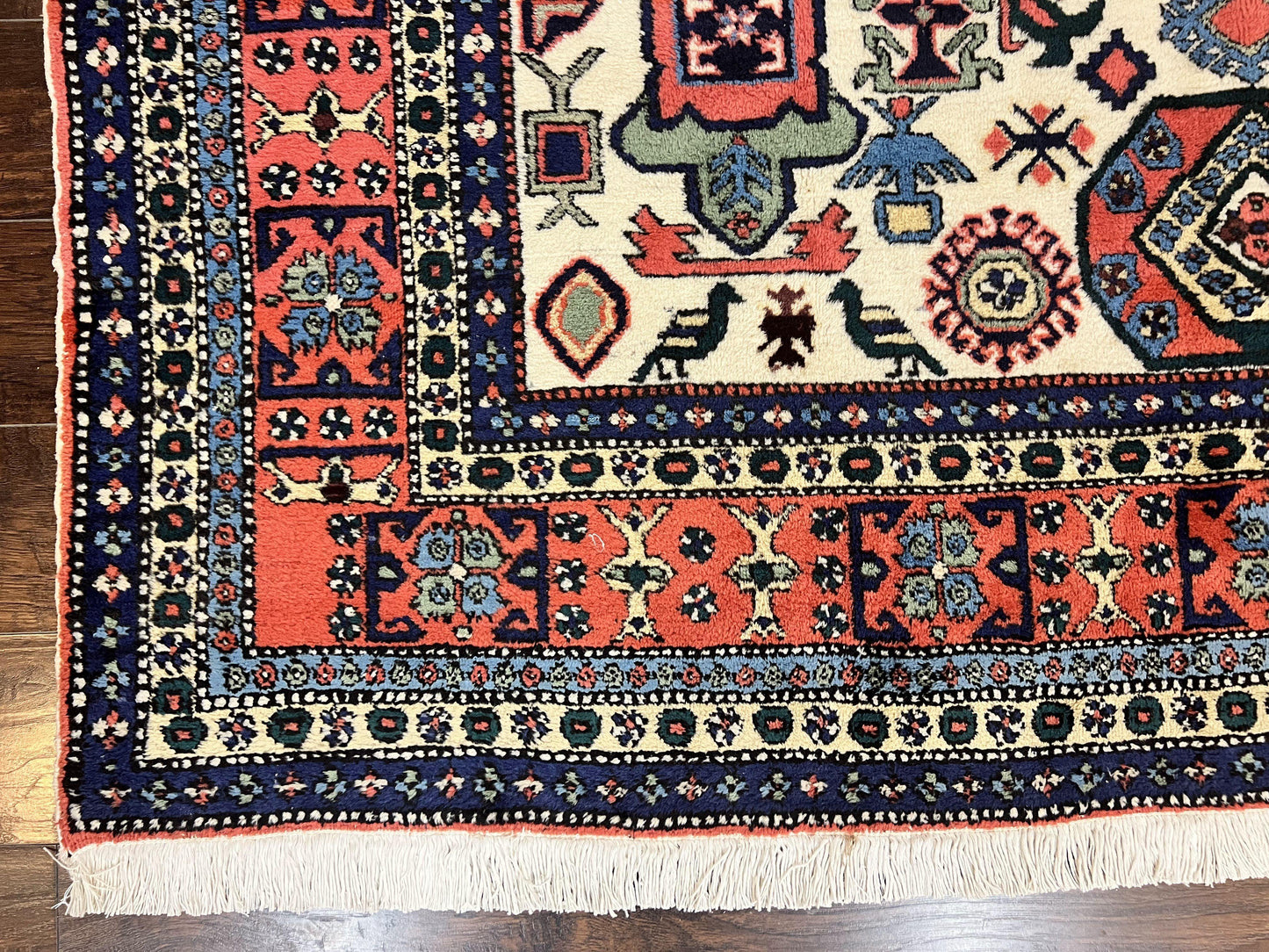 Persian Tribal Rug 8x11, Persian Ardabil Rug, Geometric Medallion Animal Pictorial Rug, Ivory Red Blue, Hand Knotted Vintage Wool Carpet - Nuvé
