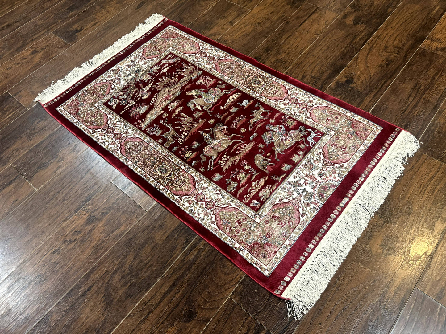 Dark Red Turkish Silk Rug 2.6 x 4, Hunting Design Scene, Bamboo Silk - Nuvé