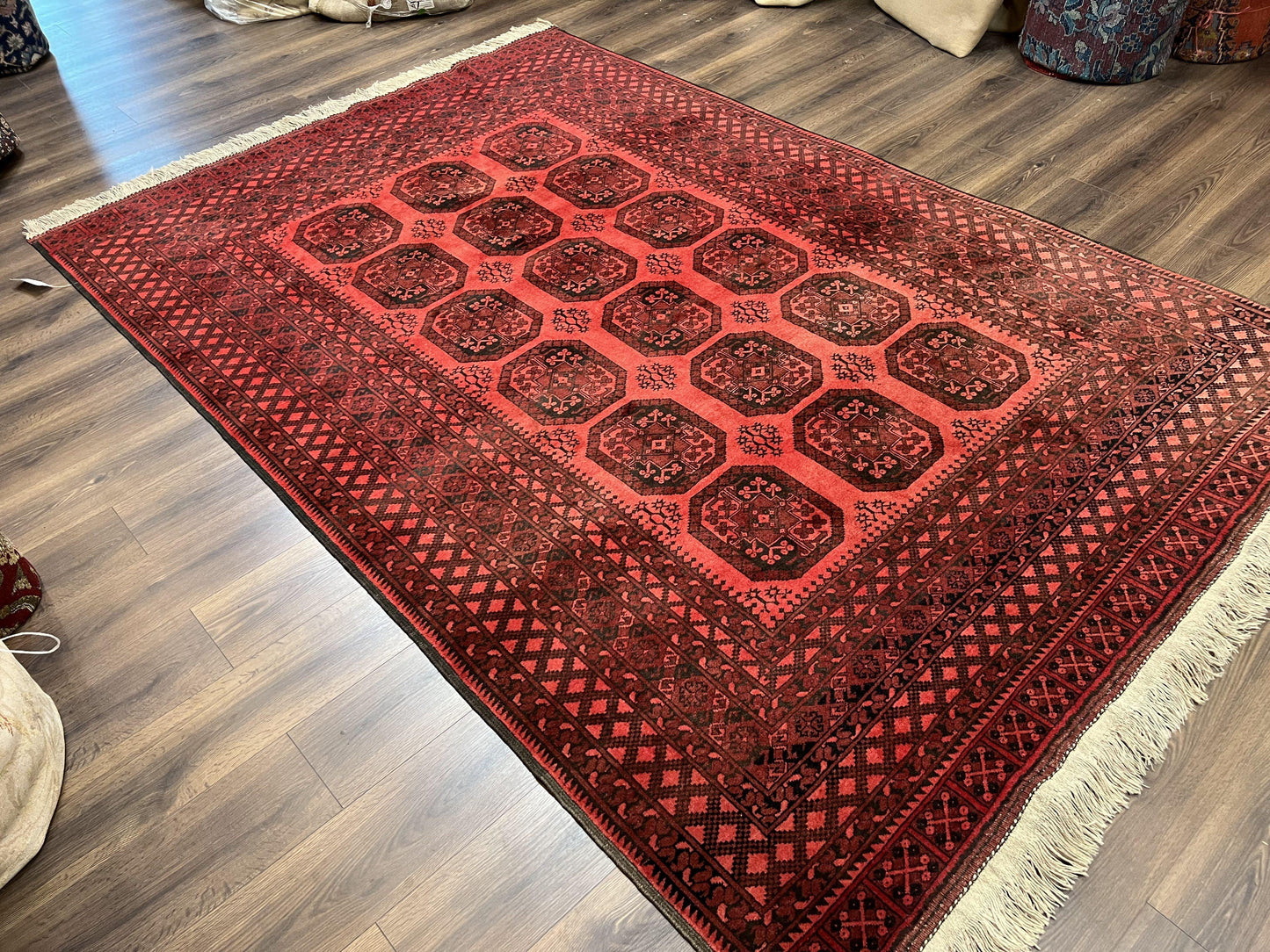 Afghan Turkoman Rug 7x10, Vintage Yamud Beshir Bokhara Carpet, Red and Black Bukhara Hand-Knotted Oriental Wool Handmade Rug, Elephant Foot - Nuvé