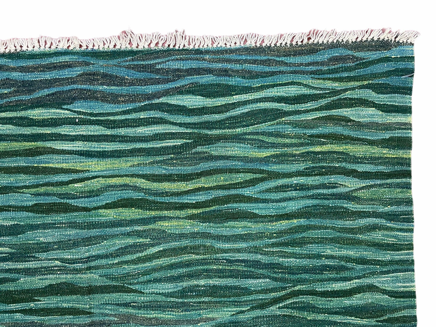 Sea Green Kilim Area Rug, White Blue Red Stripes, Russian Flag Rug, Flatweave Hand Knotted Carpet, Turkish Carpet, Wool, New, 5' 6" x 7' 10" - Nuvé