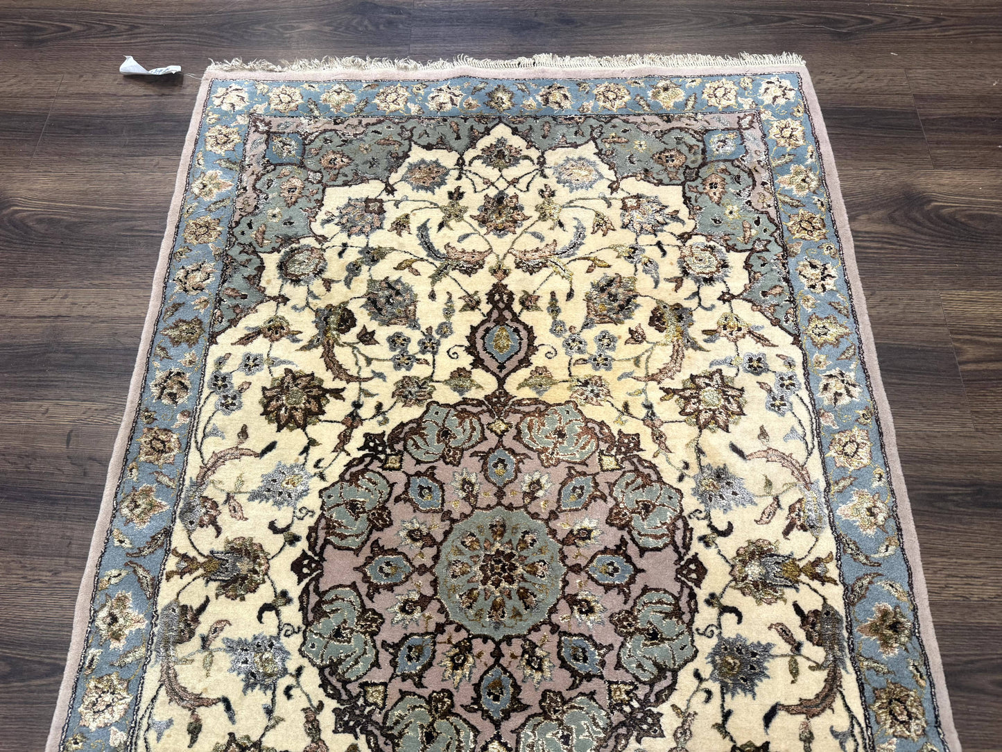 Persian Isfahan Rug 3x5, Fine 310 KPSI, Kork Wool Silk Foundation, Cream & Light Green - Nuvé