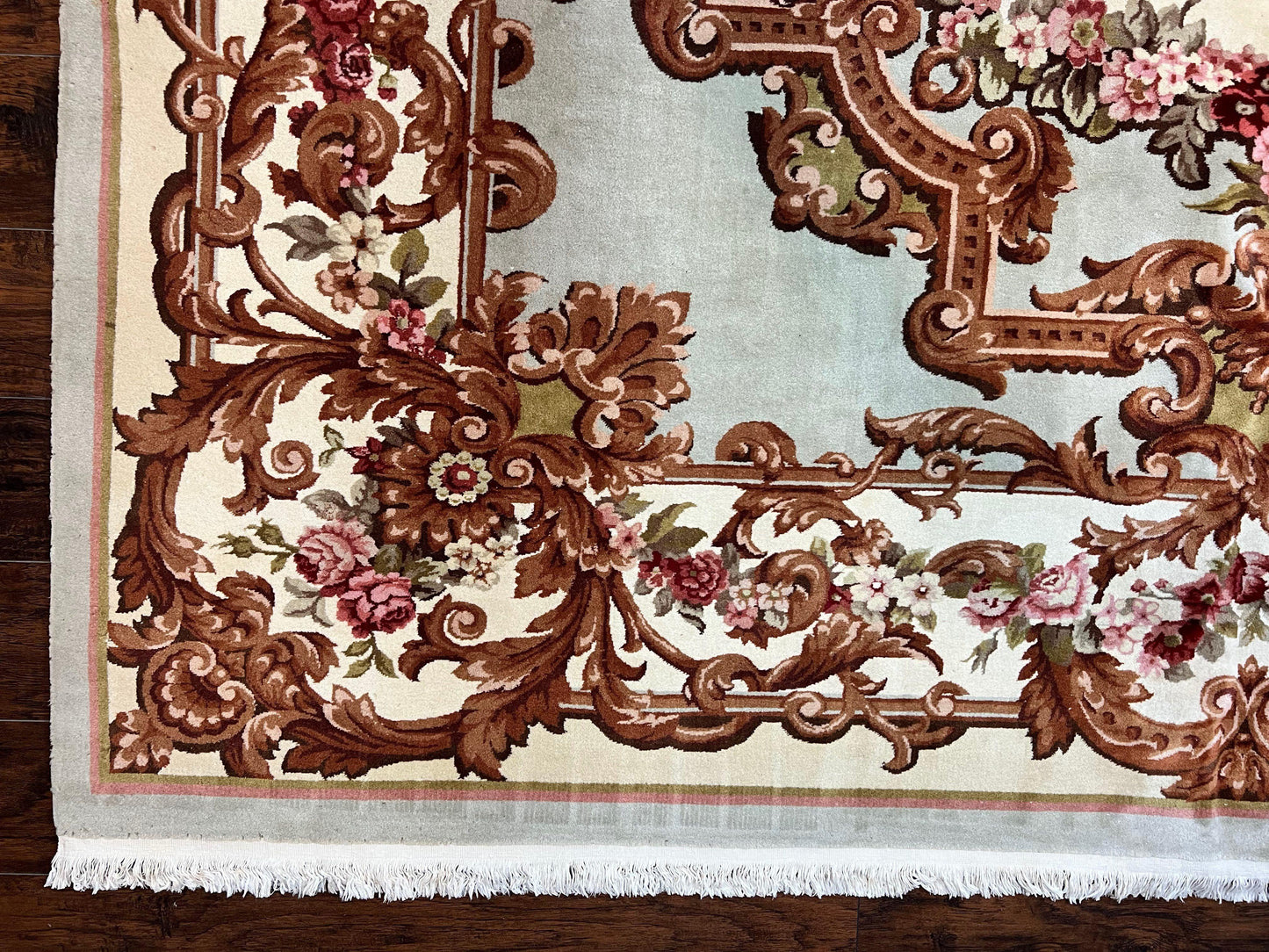 Aubusson Rug 10x13, Cream and Light Mint Green Hand Knotted Handmade French Savonnerie European Carpet, Wool Pile, Large Room Sized Vintage - Nuvé