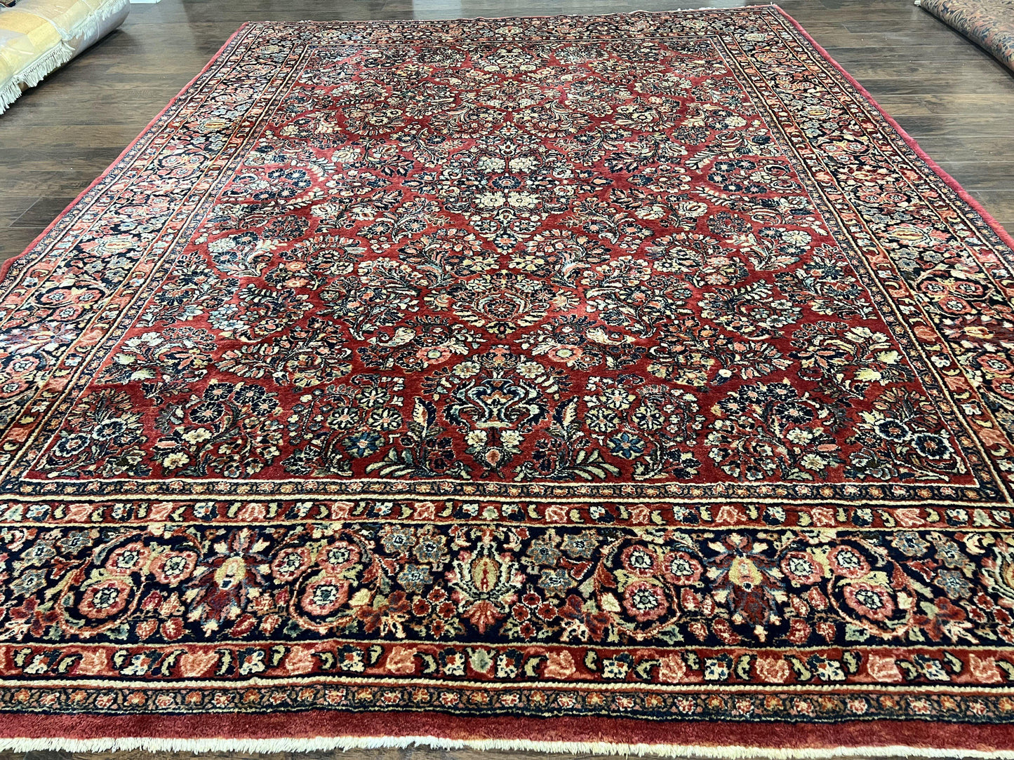 1920s Persian Sarouk Rug 9x12, Red Persian Carpet, High Quality Persian Rug, Allover Floral Pattern, Antique Oriental Rug, Wool Handmade Room Sized - Nuvé
