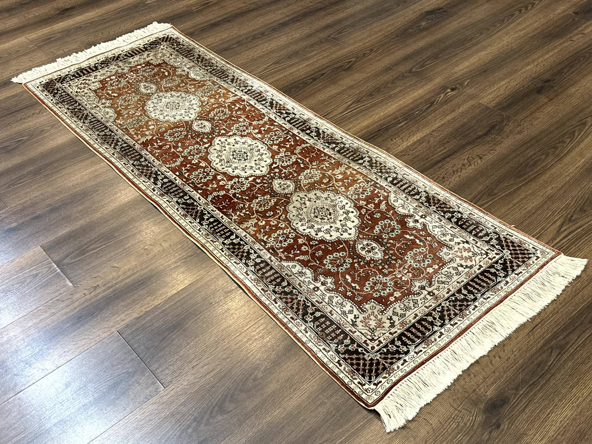 Turkish silk narrow runner rug by Jewel Rugs, 2x5.8 ft, red with floral medallions and fine craftsmanship.