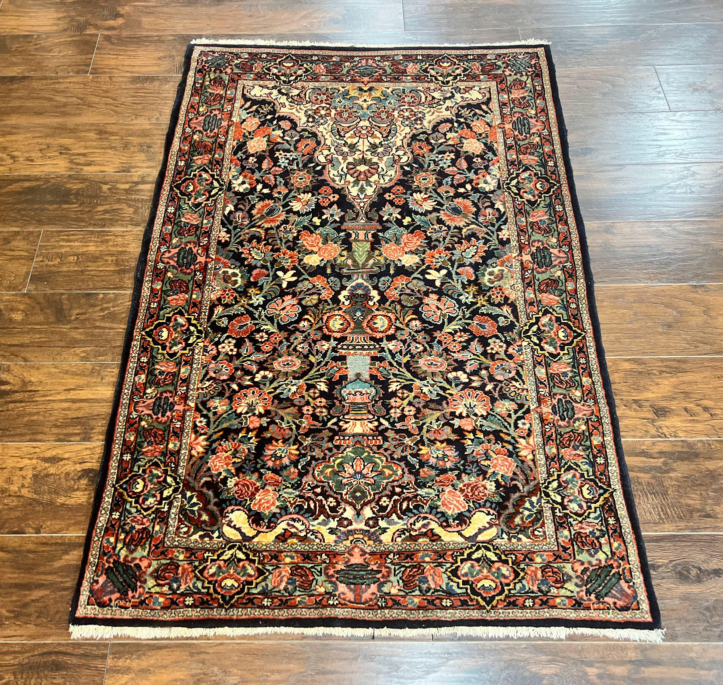 Persian Saoruk Rug 4x5, Navy Blue and Red, Floral, Antique Persian Wool Carpet, Handmade - Nuvé