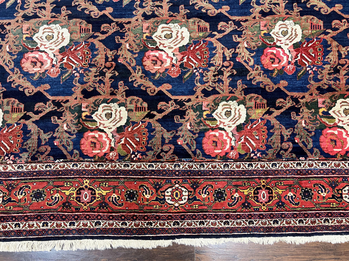 Persian Bidjar Rug 8x11, Floral Bouquets, Blue Black Red Pink, Handmade Hand Knotted Vintage Semi Antique Oriental Carpet - Nuvé