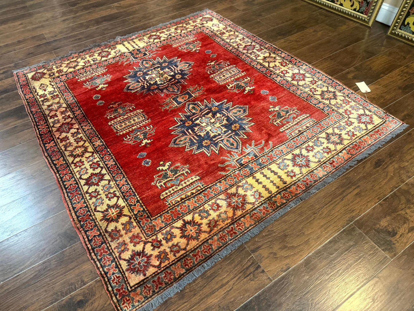 Square Turkish Rug 6x6, Azerbaijani Azeri Turkish Armenian Rug, Red Tan Blue, Geometric, Wool Carpet - Nuvé