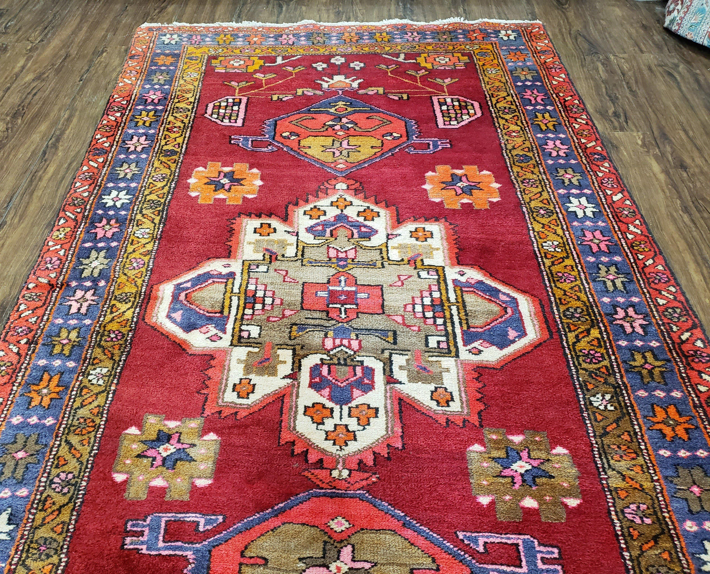 Antique Persian Karajeh Runner Rug 4.4 x 11 ft, Red Colorful Geometric Medallion Runner - Nuvé