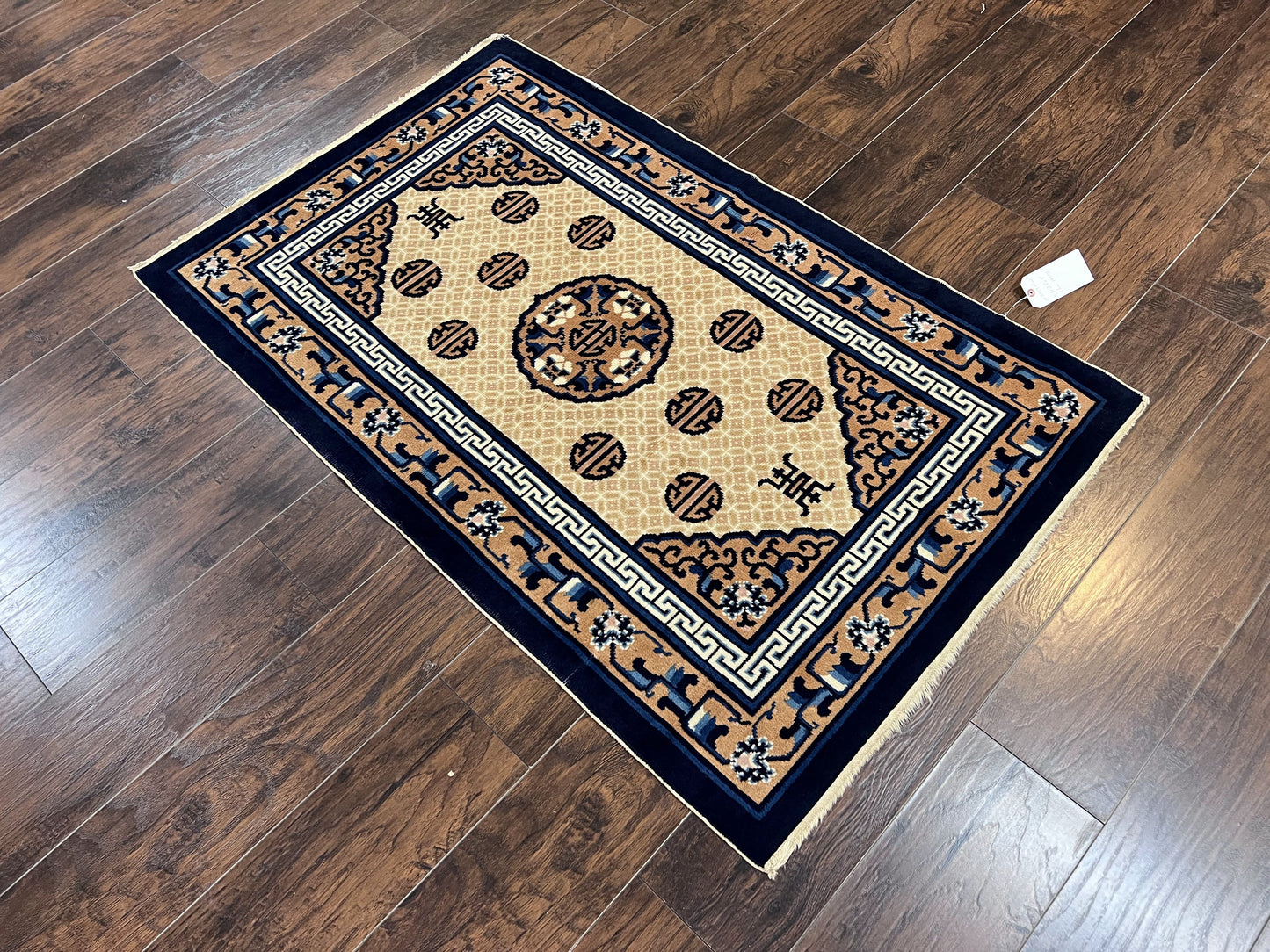 Chinese Peking Rug 3x5, Antique Chinese Art Deco Carpet, Blue Ivory Tan, Hand Knotted Wool Asian Oriental Rug 3 x 5 Vintage Small Peking Rug