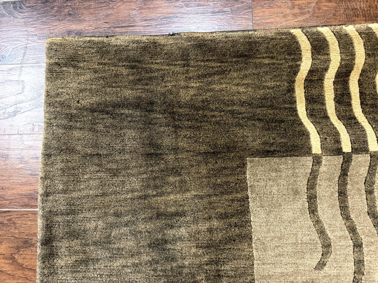 Modern Tibetan Wool Rug 3.6 x 5.6, Shades of Green, Abstract Design - Nuvé