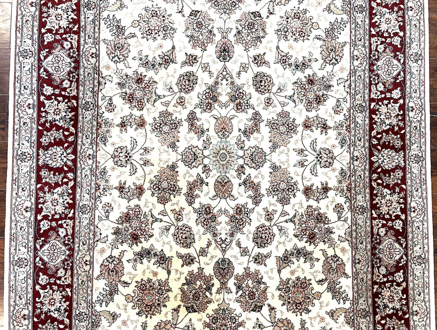 Pak Persian Rug 6x9, Floral Allover Carpet 6 x 9 ft, Cream and Maroon Hand Knotted Wool and Silk Fine Oriental Rug, Traditional Vintage Rug - Nuvé