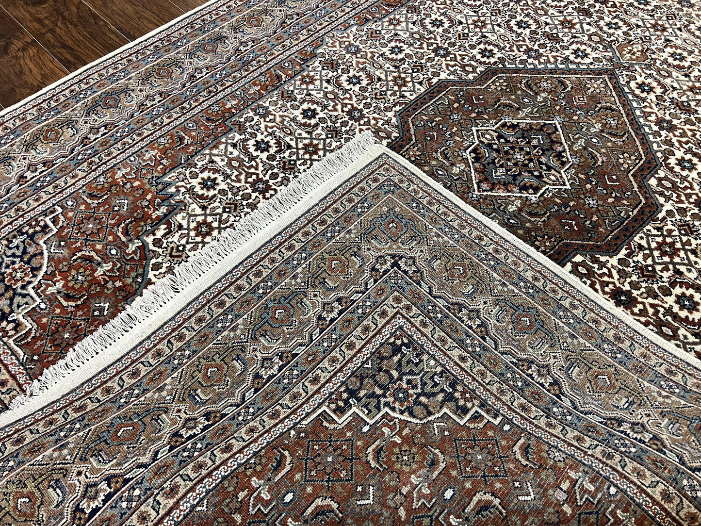 Indo Persian Rug 7x10 ft, Hand Knotted Wool Vintage Oriental Carpet 7 x 10, Traditional Handmade Herati Bidjar Cream Rug, Medallion Rug - Nuvé