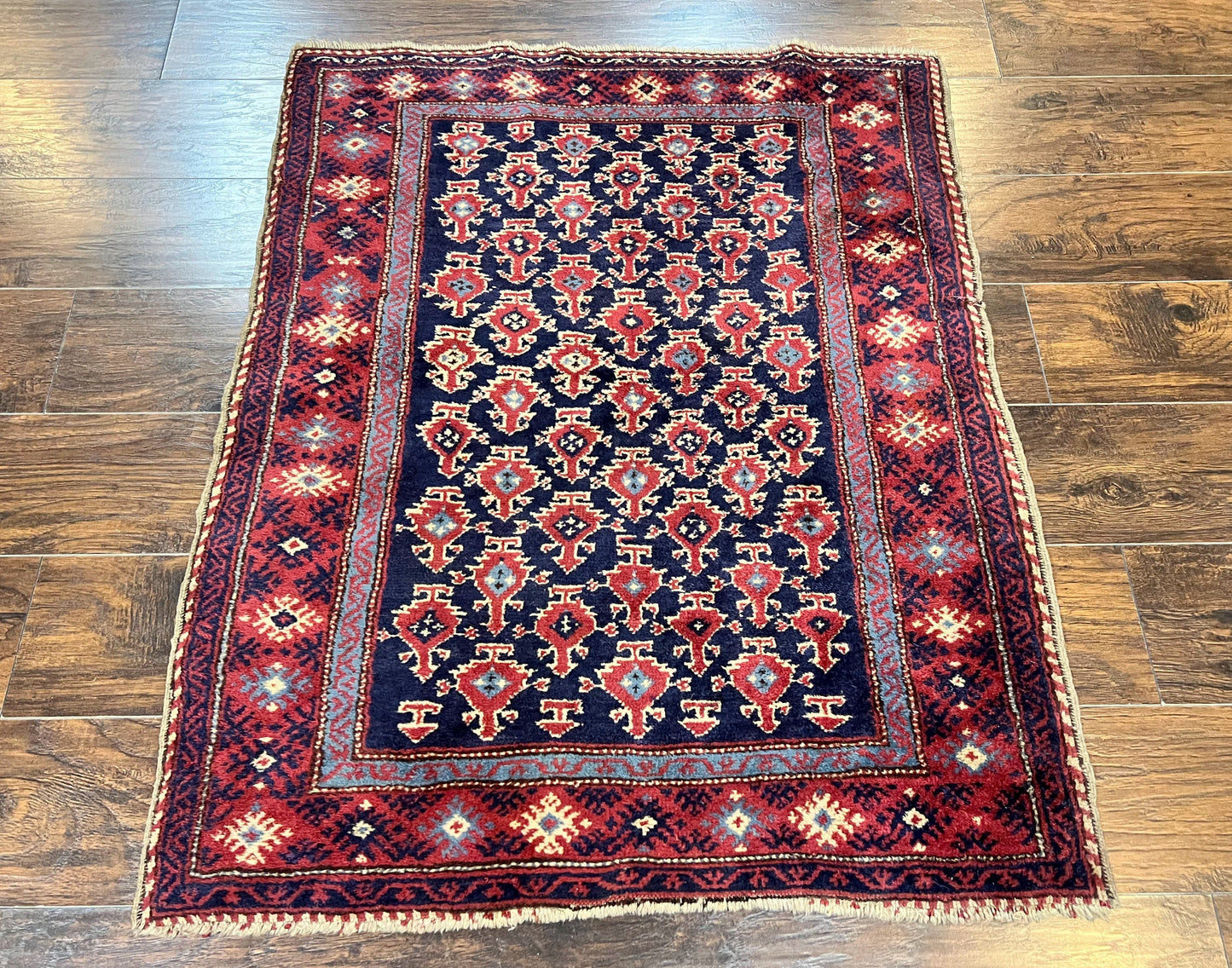 Turkish Sparta Rug 3x4, Allover Pattern, Navy Blue and Red, Antique Ispara Oriental Carpet 3 x 4, Small Turkish Handmade Vintage Wool Rug - Nuvé