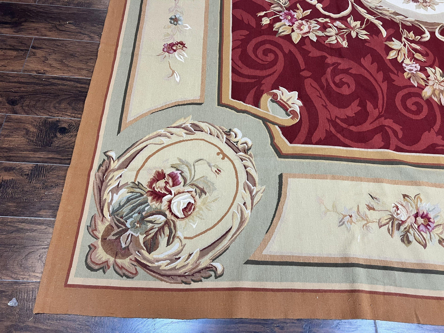 Large Aubusson Rug 10x14, Wool Handmade Vintage Carpet, Dark Red Ivory Tan, French European Elegant Aubusson Weave Rug - Nuvé