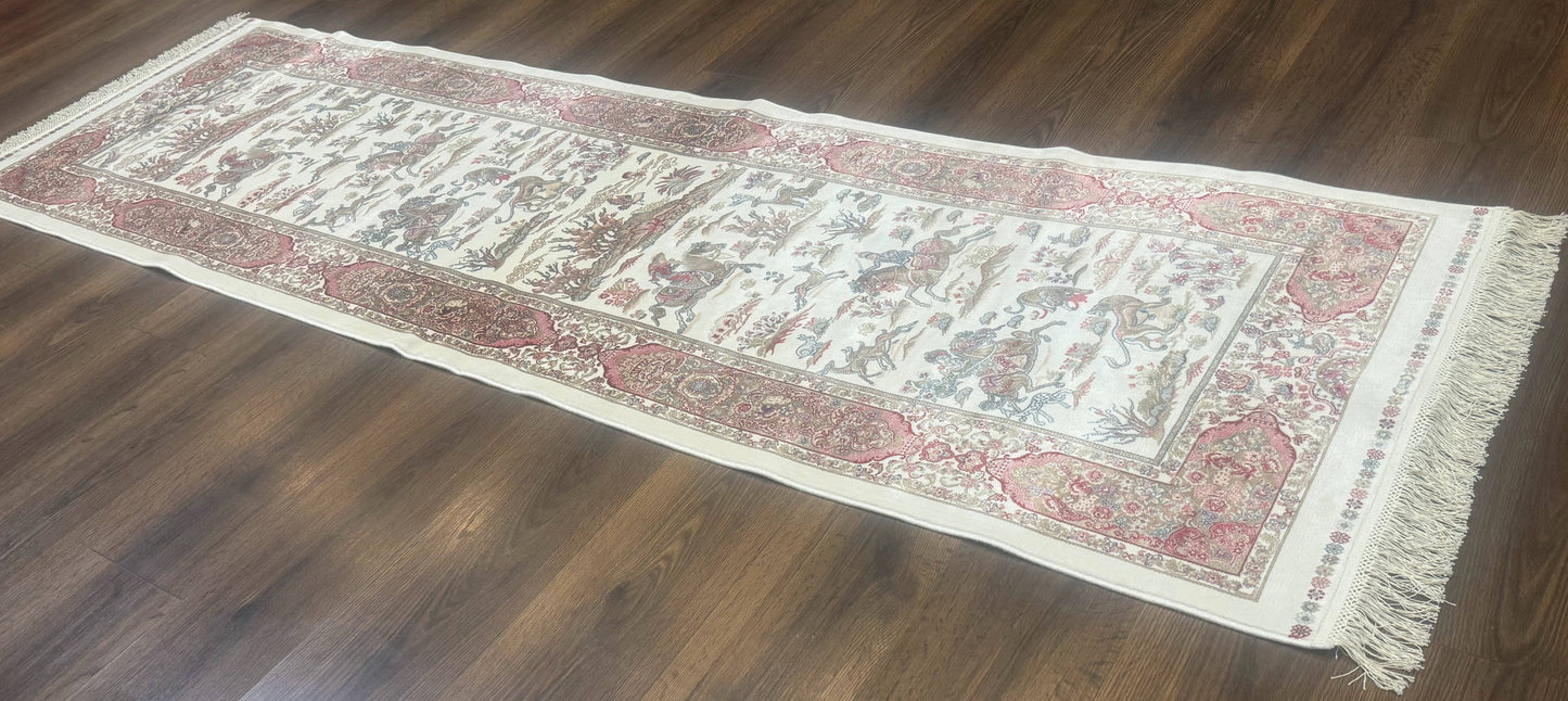 Turkish Silk Runner Rug 2.6 x 8, Hunting Design, Ivory, Bamboo Silk, New - Nuvé
