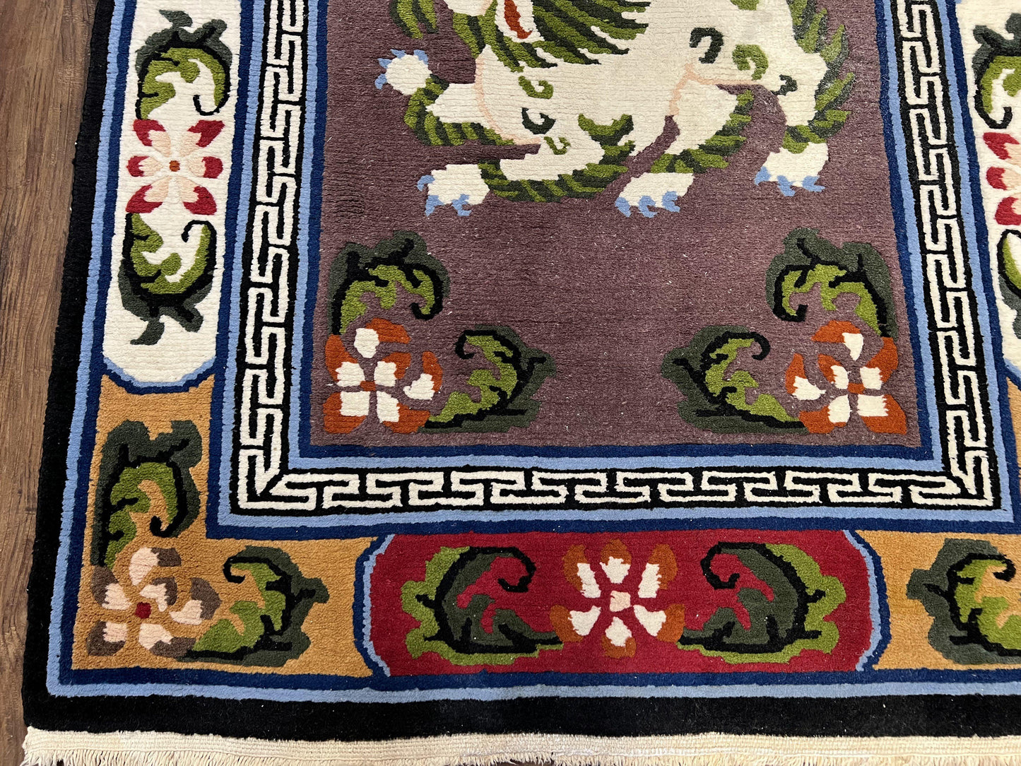 Chinese Art Deco Rug 3 x 5.5 with Animal Pictorials, Vintage Chinese Peking Wool Area Rug, Dark Puce Maroon Ivory, Hand Knotted Soft Carpet - Nuvé