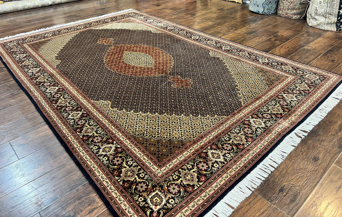 Persian Tabriz Rug 7x10, Very Fine 330 KPSI 50 Raj, Black and Beige, Handmade Wool Vintage Persian Carpet - Nuvé