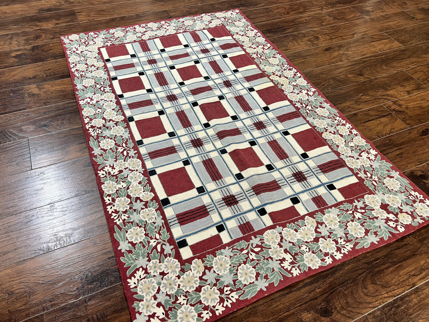 Indian Hand Stitched Rug 4x6, Vintage Carpet, Checkerboard Floral Pattern, Maroon Ivory, Flatweave, Wool - Nuvé
