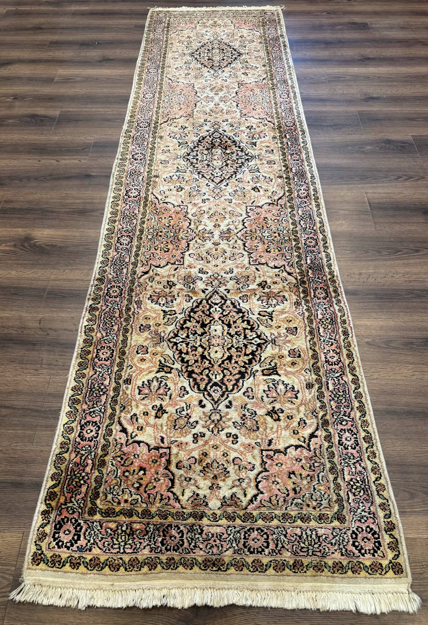 Silk Indian Kashmiri Runner Rug 2.7 x 9.8, Floral Medallions - Nuvé
