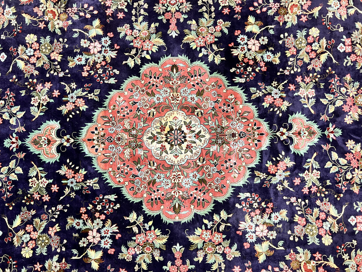 Stunning Silk Persian Qum Rug 7x9, Finely Hand Knotted Navy Blue & Salmon Floral Medallion Authentic Oriental Carpet, Vintage Handmade Silk Ghom Rug, Silk on Silk - Nuvé
