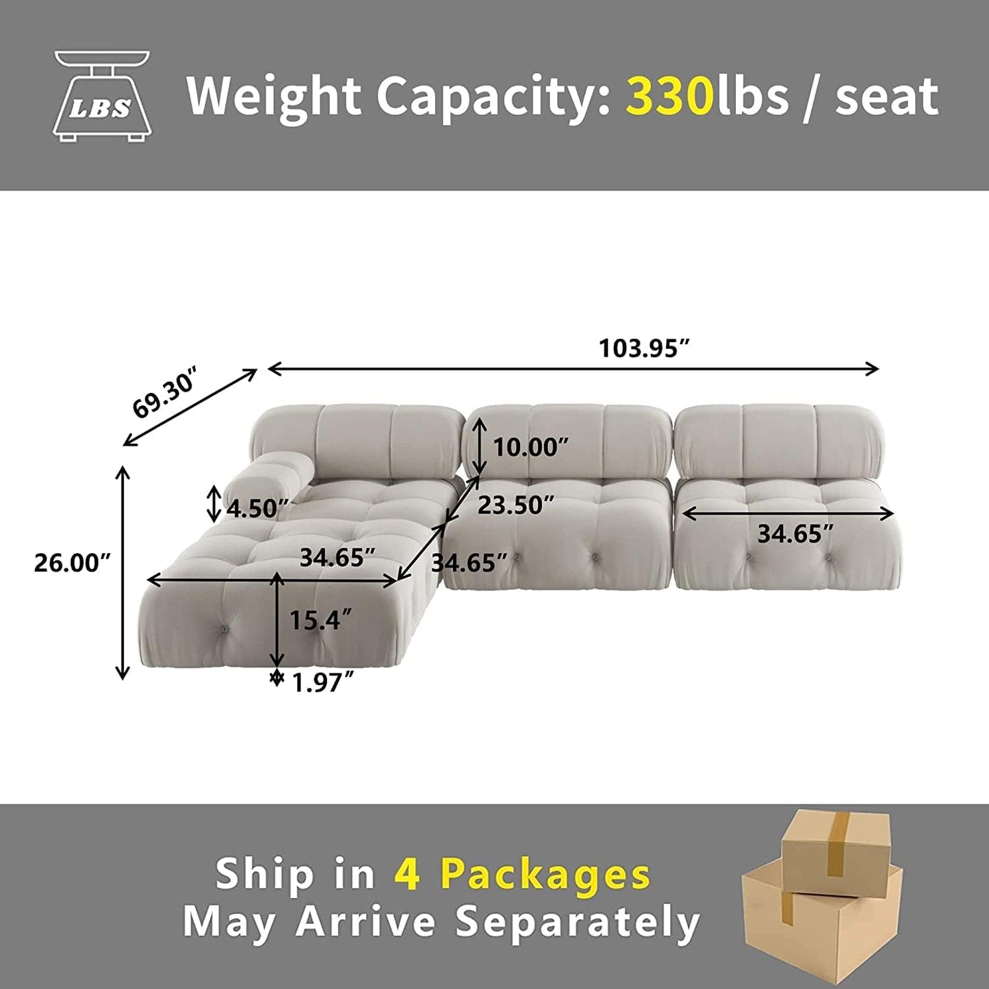 Nuvé® Takumi Velvet Modular Bouclé Cloud Sofa - Beige - 3-Seater Sofa with 1 Ottoman - Nuvé