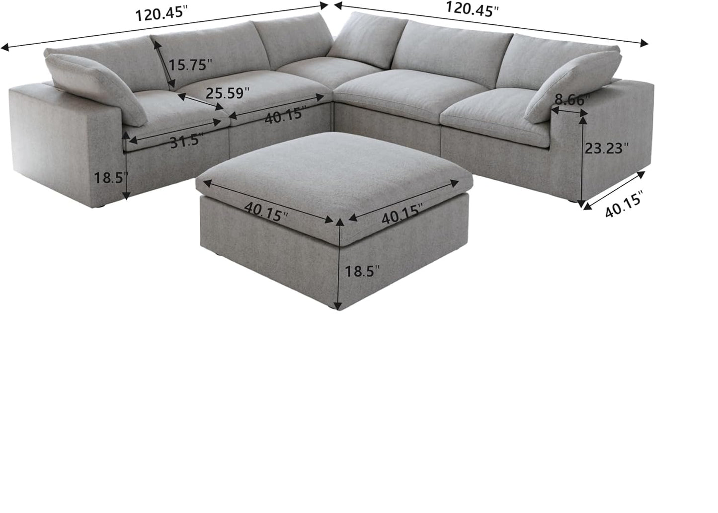 Nuvé® Solace Modular Bouclé Cloud Sofa - Space Grey - 5-Seater Corner + Ottoman - Nuvé