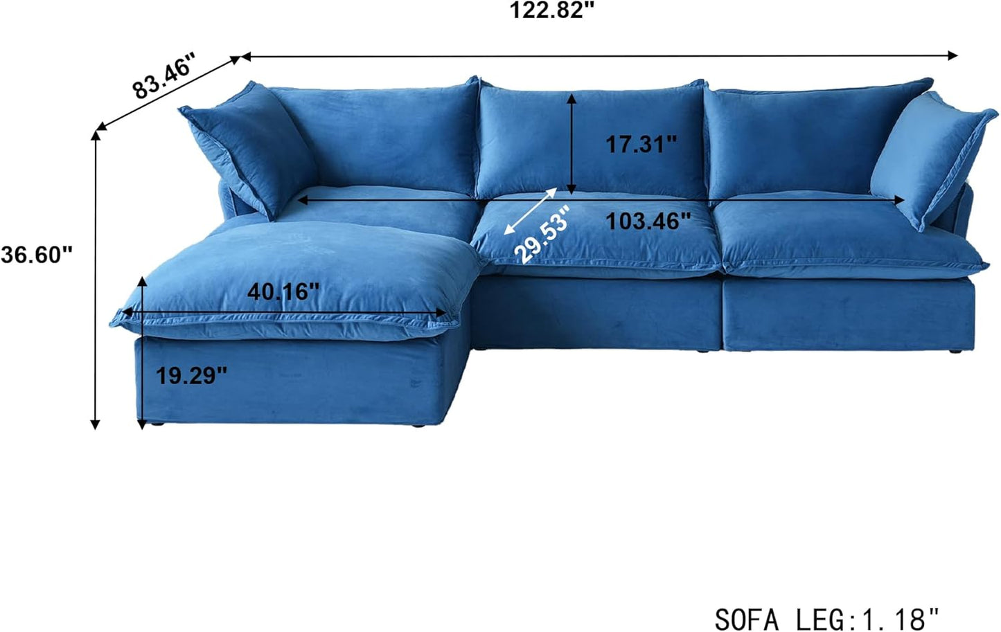 Sabi Modular Boucle Cloud Sofa - Blue - 3-Seater Sectional Sofa with Ottoman - Nuvé