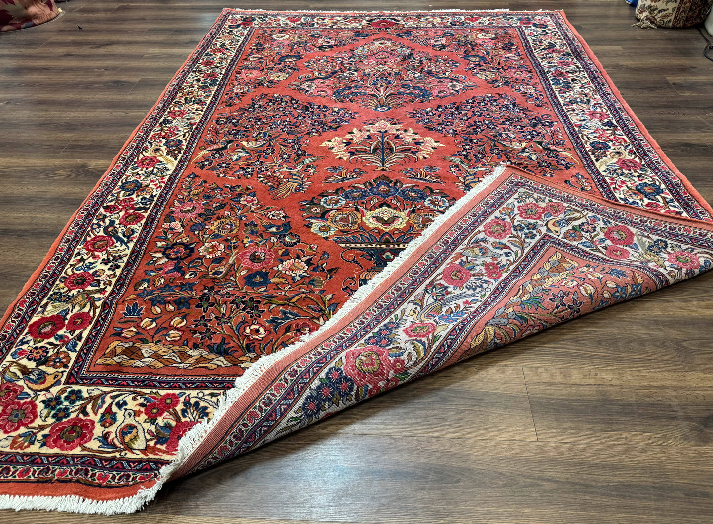Persian Sarouk Rug 7x10, Red and Ivory, Floral Bouquets, Birds - Nuvé