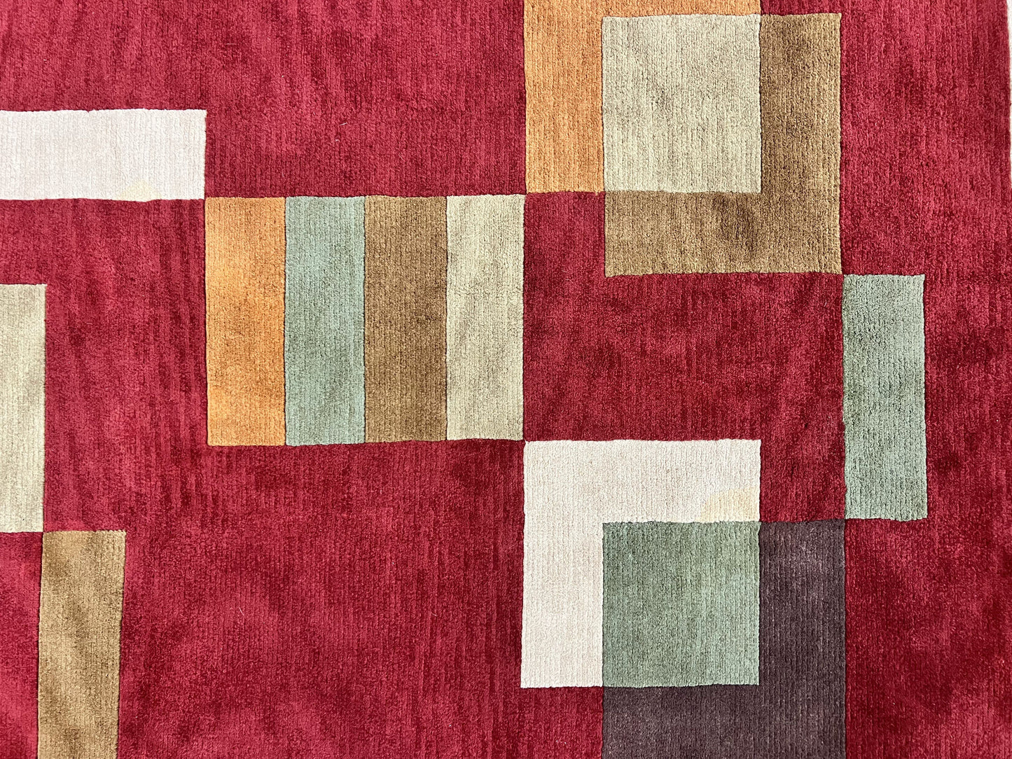 Indo Tibetan Modern Rug 5x8, Abstract Rug 5 x 8 ft, Red Multicolor Wool Handmade Contemporary Area Rug - Nuvé