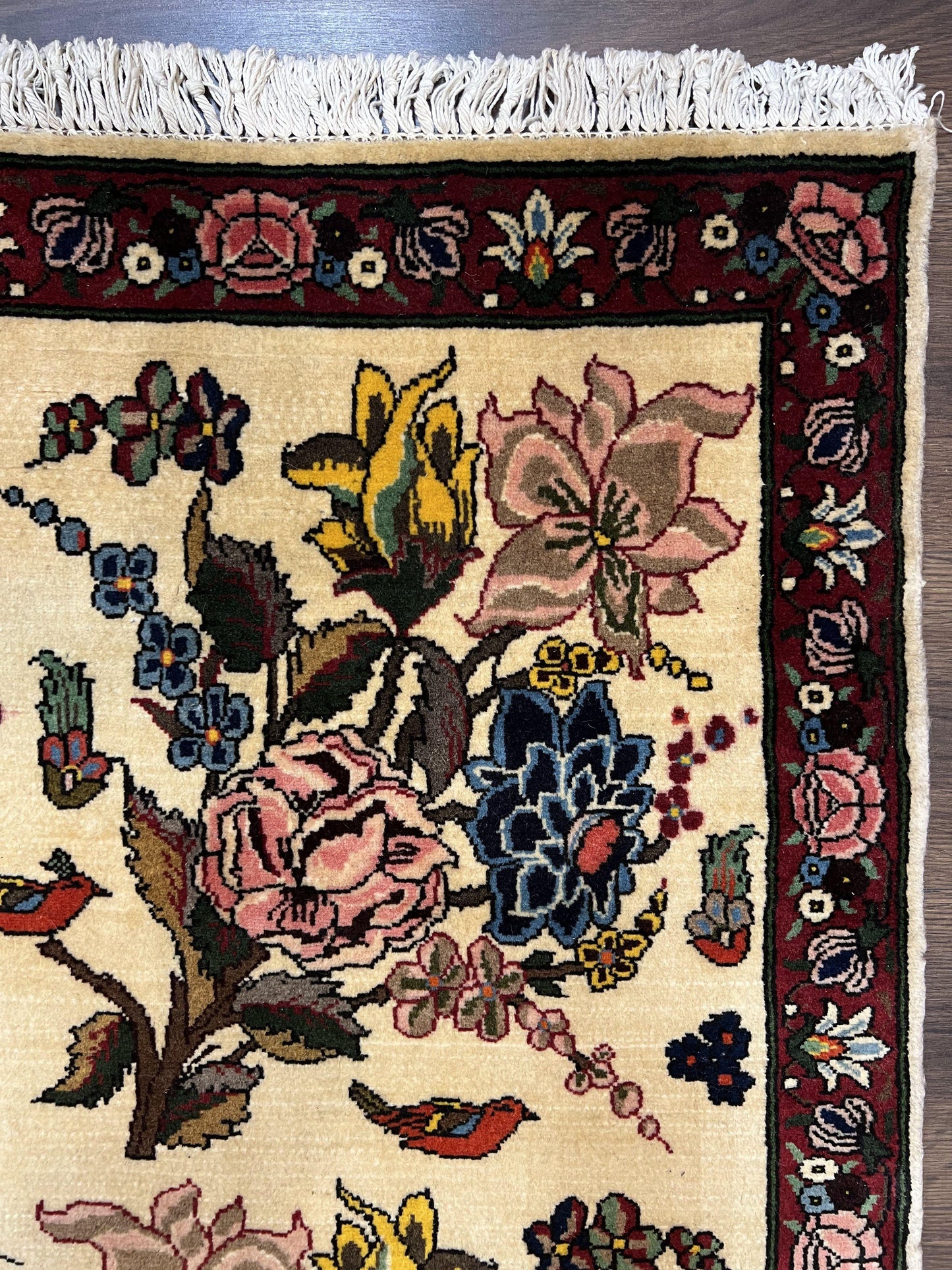 Persian Bidjar Rug 3.6 x 5 ft, Repeated Floral Motifs, Roses and Birds, Cream Burgundy, Fine Wool Oriental Bijar Carpet, Vintage Traditional Area Rug - Nuvé