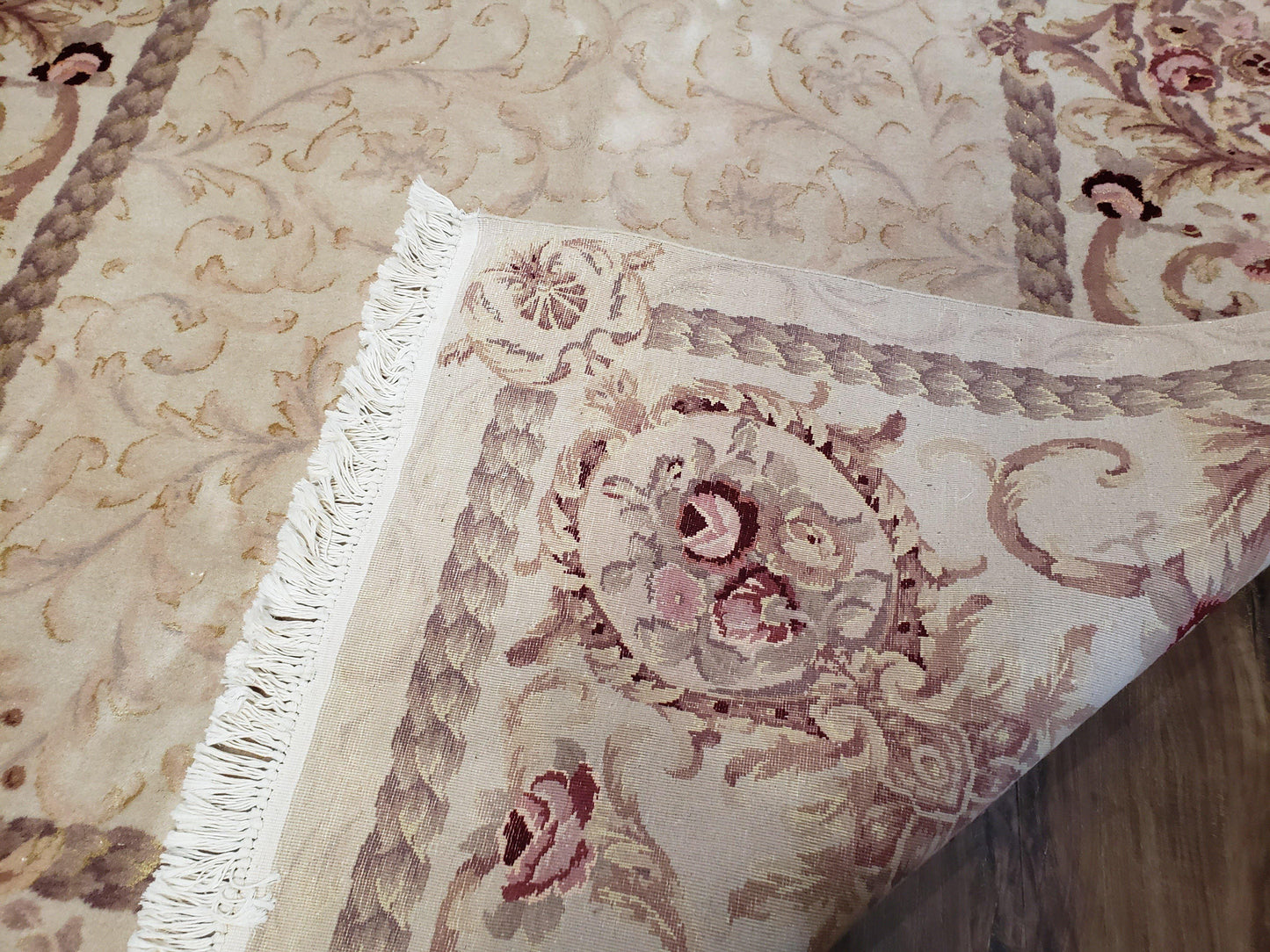 Vintage Ivory Chinese Aubusson Area Rug 6x9, Wool & Silk, Hand-Knotted 120 Line Fine Rug, European Design Carpet, 6 x 9 Master Signature Rug - Nuvé