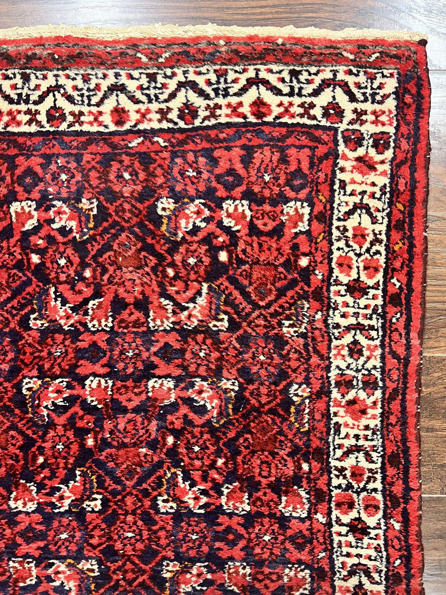 Persian Tribal Runner 3 x 9, Hamadan Dargazin Rug, Dark Blue and Red Wool Hand Knotted Hallway Rug, Vintage Antique Oriental Runner, 9ft Long Runner, Herati - Nuvé