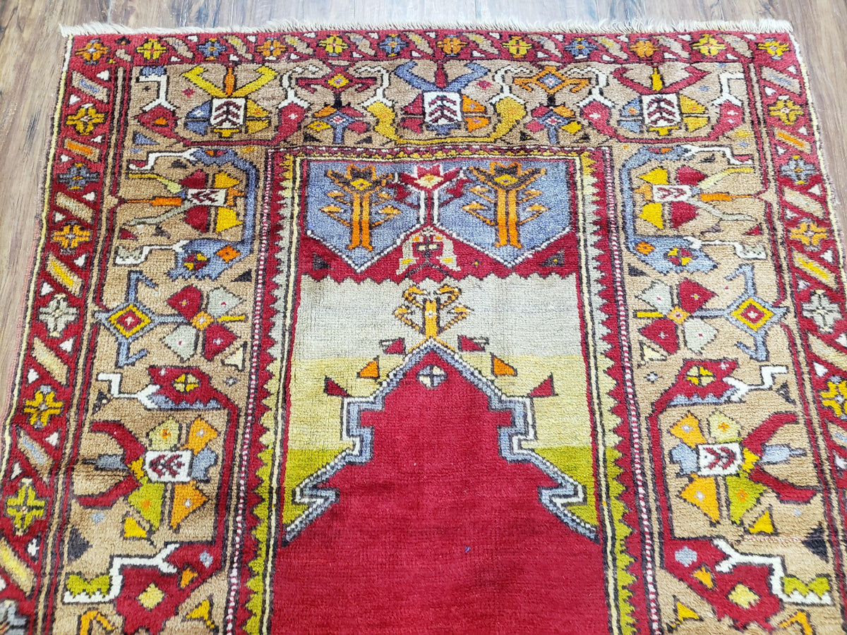 Antique Turkish Prayer Rug 3.8 x 5ft, Colorful Prayer Rug, Red Blue Gold Multicolor Turkish Anatolian Carpet, Handmade Hand-Knotted, Wool